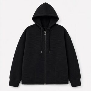 DKNY Ottoman Ribbed Texture Full-Zip Hoodie Women's XL Black Silver Zip